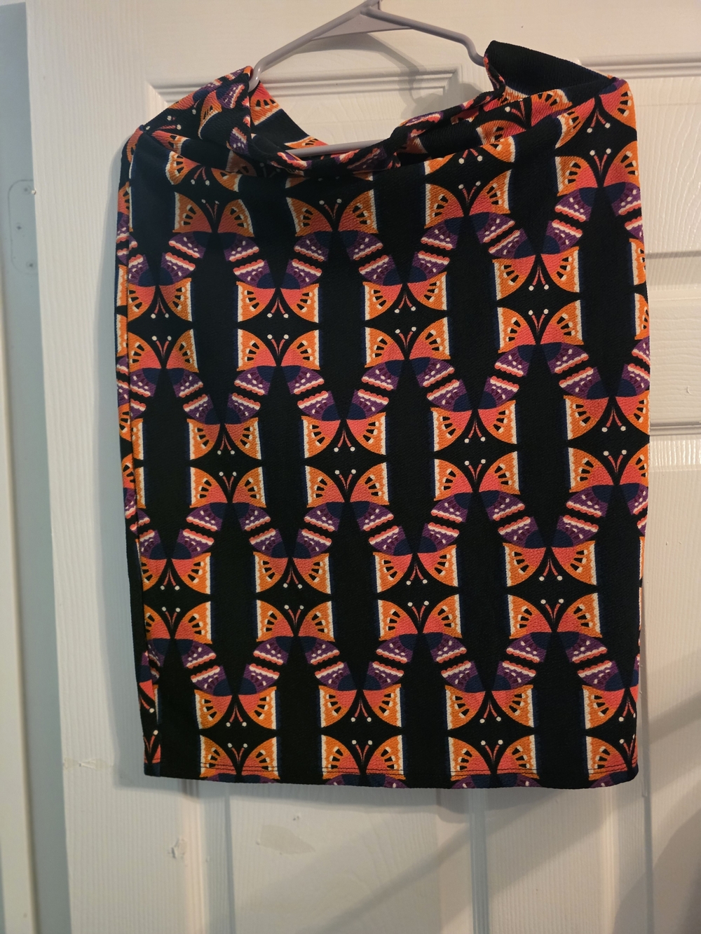 LuLaRoe Black Pencil Skirt with Orange and Purple Geometric Motif